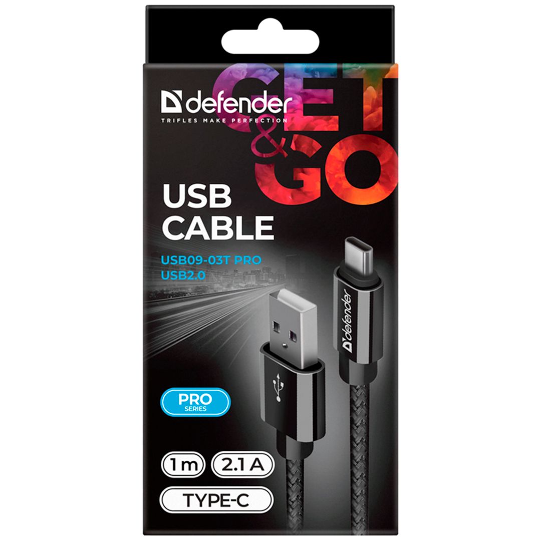 Интерфейсный кабель Defender USB09-03T PRO USB (AM) - C Type, 2.1 A, 1 м, черный