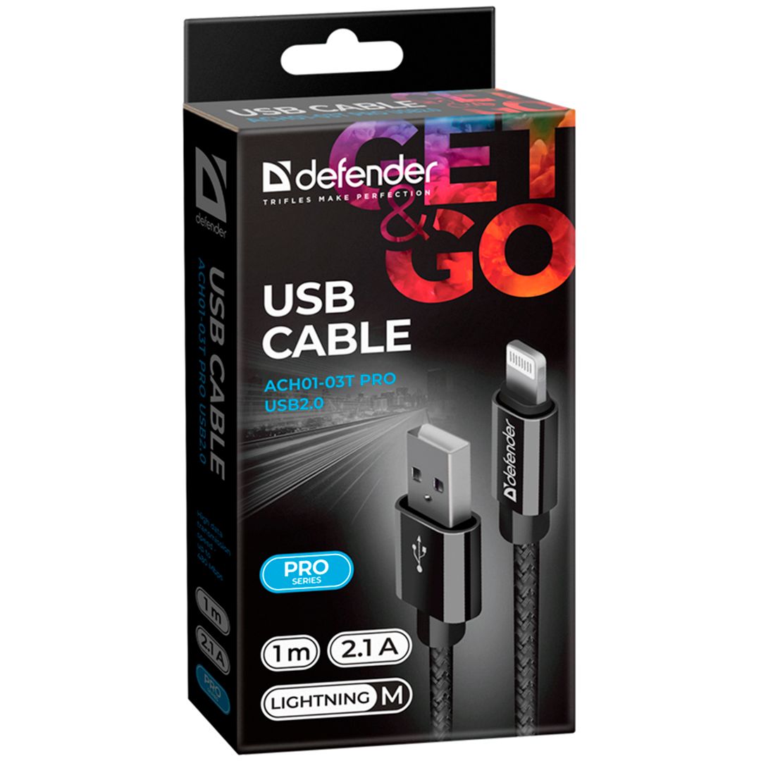 Интерфейсный кабель Defender ACH01-03T PRO USB (AM), для Apple, 2.1 A, 1 м, черный