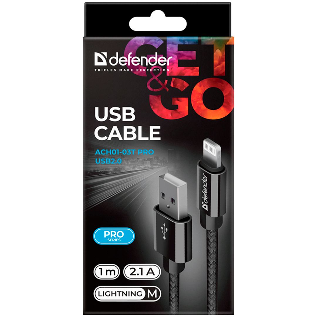 Интерфейсный кабель Defender ACH01-03T PRO USB (AM), для Apple, 2.1 A, 1 м, черный