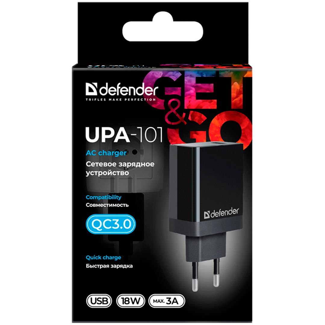 Универсальное USB зарядное устройство Defender UPA-101, быстрая зарядка, QC3.0, 18W, черный / Зарядные устройства, кабели №3
