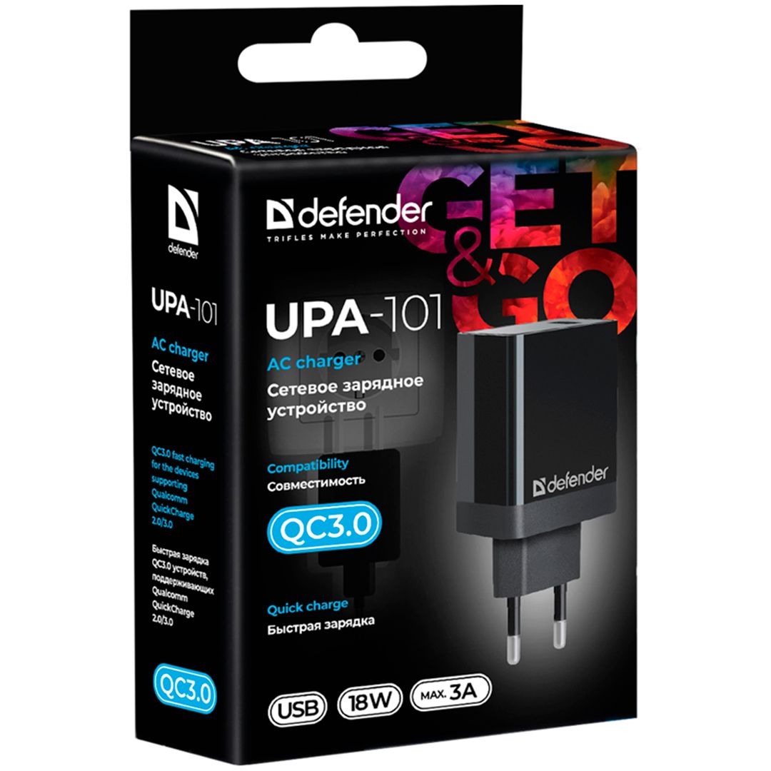 Универсальное USB зарядное устройство Defender UPA-101, быстрая зарядка, QC3.0, 18W, черный / Зарядные устройства, кабели №4