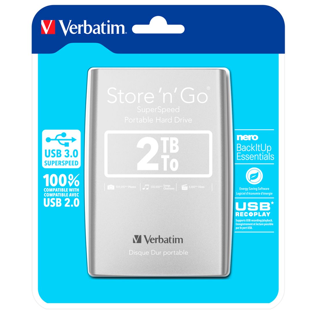 Жесткий диск 2 TB, Verbatim "Store 'n' Go", 2,5", USB 3.0, HDD, серебристый