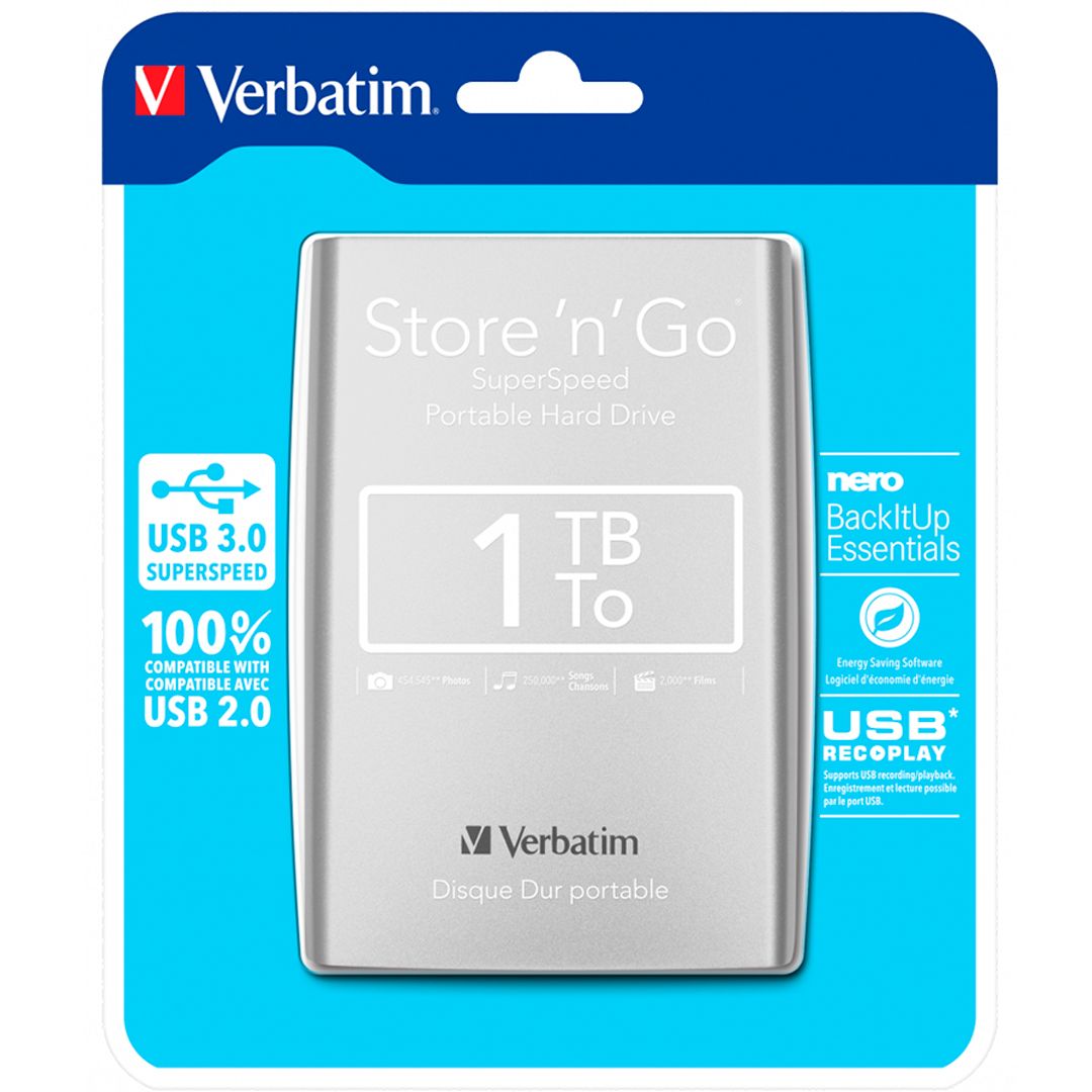 Жесткий диск 1 TB, Verbatim "Store 'n' Go", 2,5", USB 3.0, HDD, серебристый