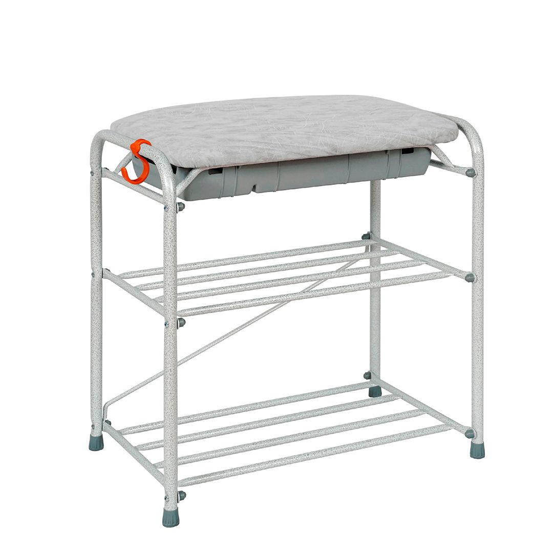 Подставка для обуви, три полки, с сиденьем, с ящиком 450*300*480 мм, белое серебро / Эргономика и аксессуары oe.kz Подставка для обуви, три полки, с сиденьем, с ящиком 450*300*480 мм, белое серебро / Эргономика и аксессуары