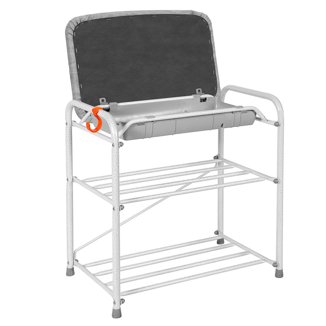 Подставка для обуви, три полки, с сиденьем, с ящиком 450*300*480 мм, белое серебро / Эргономика и аксессуары №3 oe.kz Подставка для обуви, три полки, с сиденьем, с ящиком 450*300*480 мм, белое серебро / Эргономика и аксессуары №3