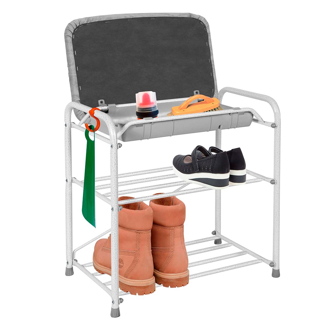 Подставка для обуви, три полки, с сиденьем, с ящиком 450*300*480 мм, белое серебро / Эргономика и аксессуары №8 oe.kz Подставка для обуви, три полки, с сиденьем, с ящиком 450*300*480 мм, белое серебро / Эргономика и аксессуары №8
