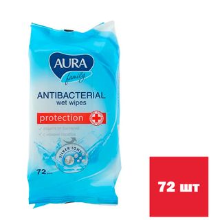 Салфетки влажные Aura "Family", антибактериальные, 72 штуки в упаковке / Салфетки влажные косметические
