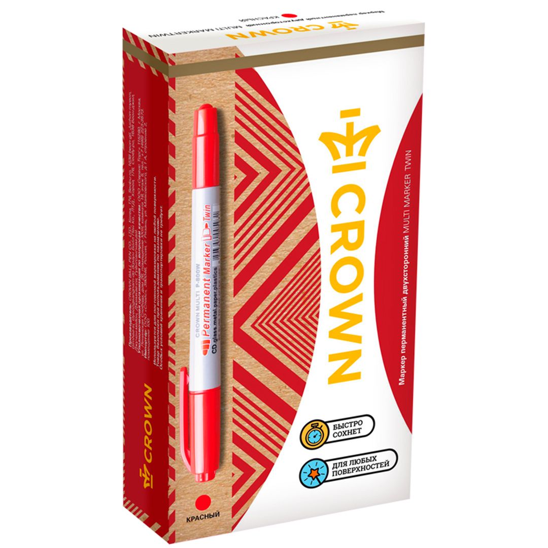 Маркер перманентный Crown "Multi Marker Twin", двухсторонний, ширина линии 1-2 мм, красный / Маркеры перманентные нестираемые №4