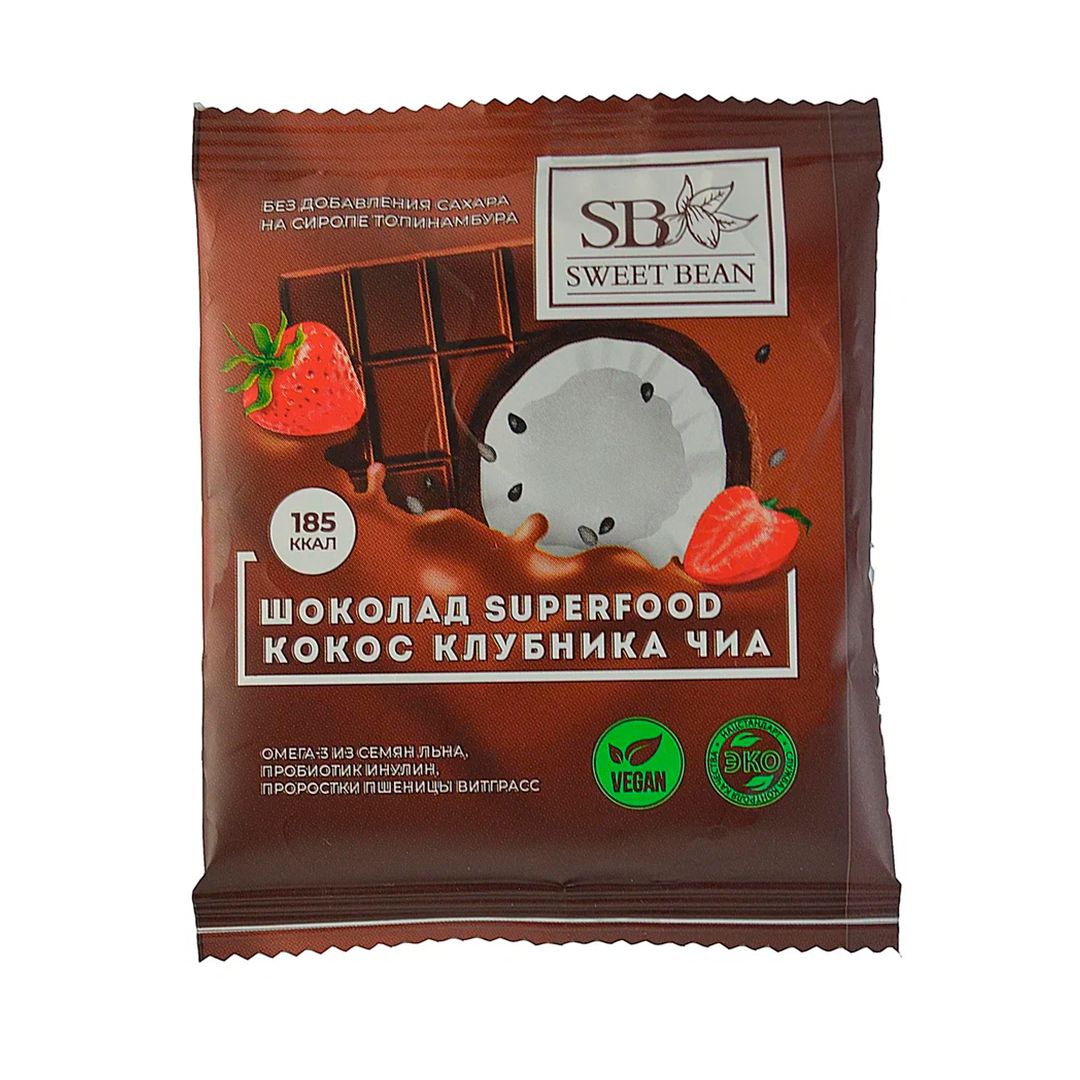 Шоколад Superfood "Sweet Bean", кокос, құлпынай және чиа, қантсыз, 35 гр