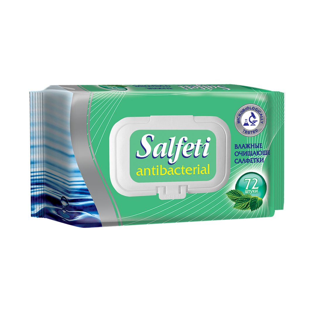 Салфетки влажные Salfeti, антибактериальные, 72 штуки в упаковке / Салфетки влажные косметические