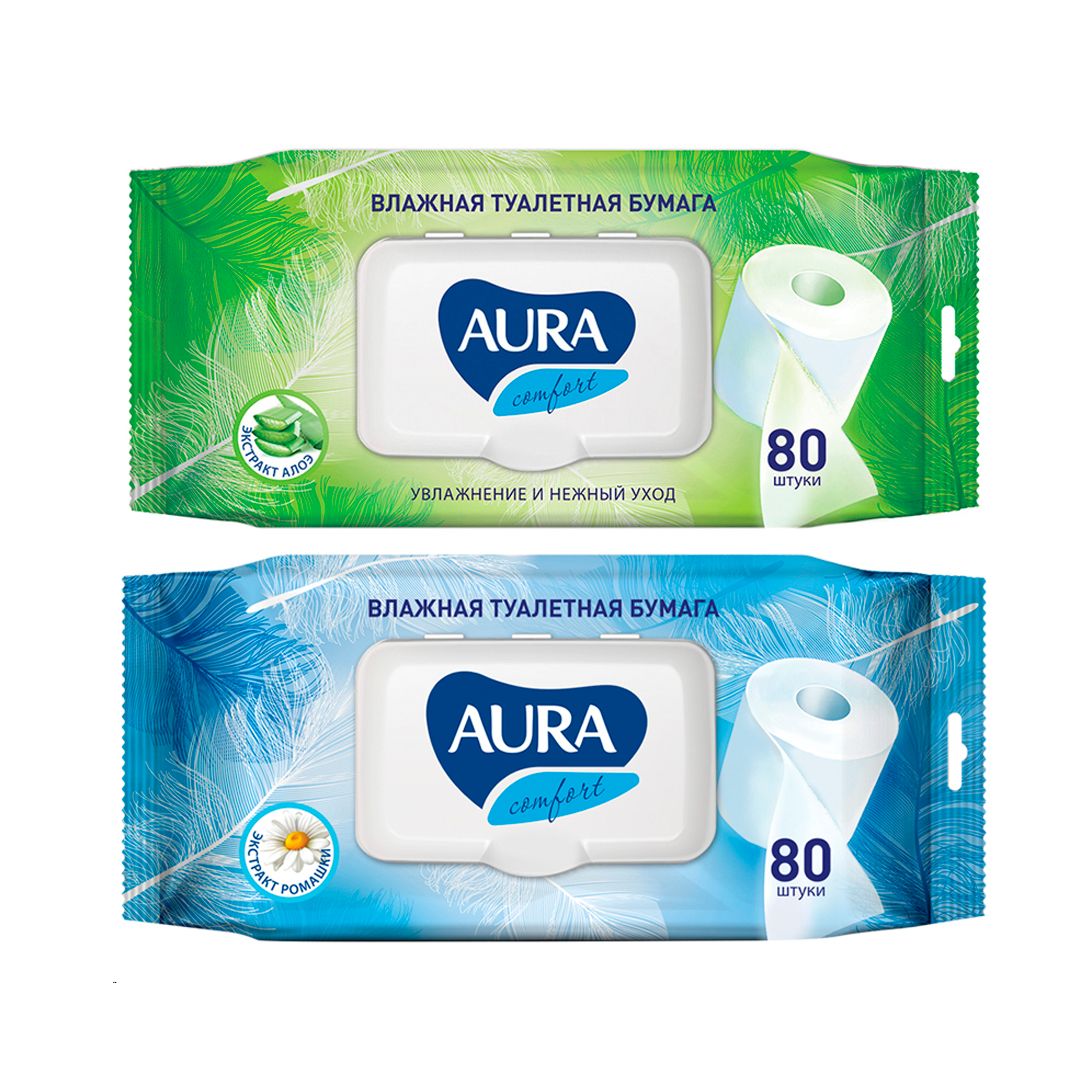 Туалетная бумага влажная Aura "Ultra Comfort", 1-слойная, экстракт алоэ/ромашки, ассорти, 80 шт/упак / Бумага туалетная бытовая