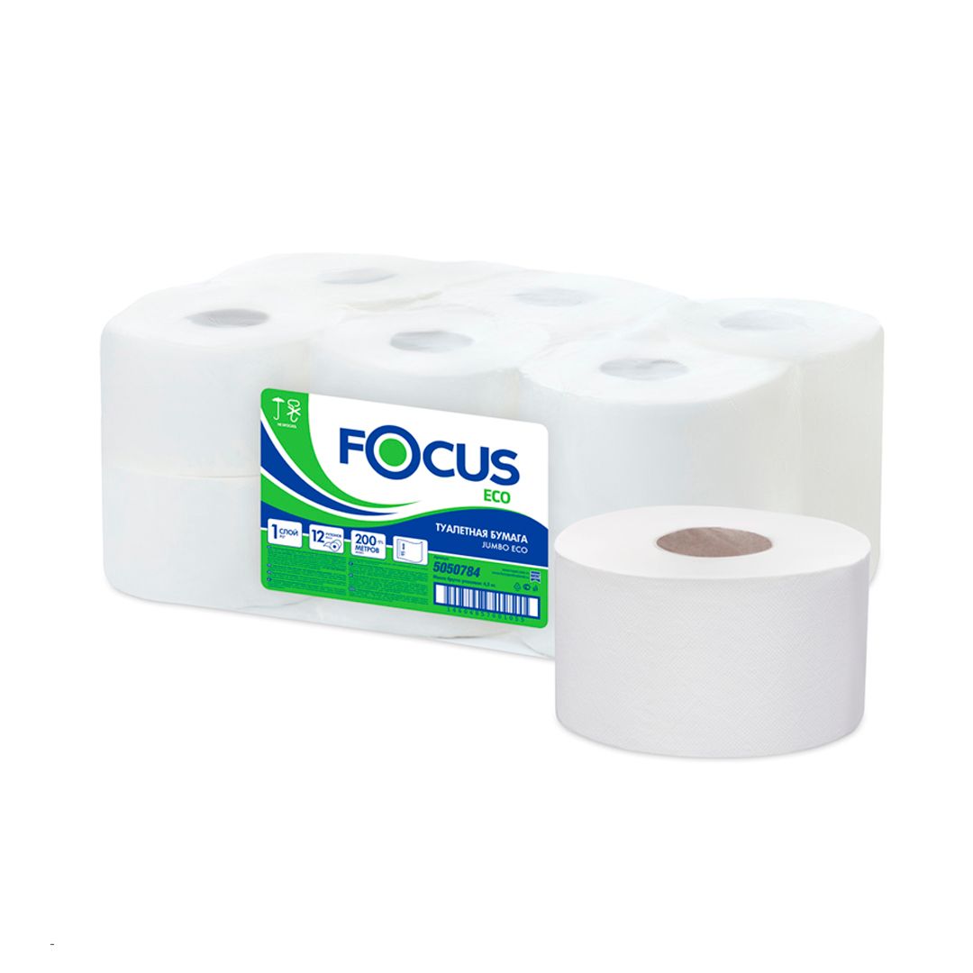 Туалетная бумага рулонная Focus Eco Jumbo, 200 метров, 1-слойная, размер листа 9,5*12 см, белая / Бумага туалетная профессиональная