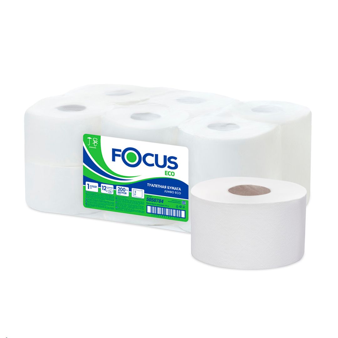Туалетная бумага рулонная Focus Eco Jumbo, 200 метров, 1-слойная, размер листа 9,5*12 см, белая / Бумага туалетная профессиональная №3