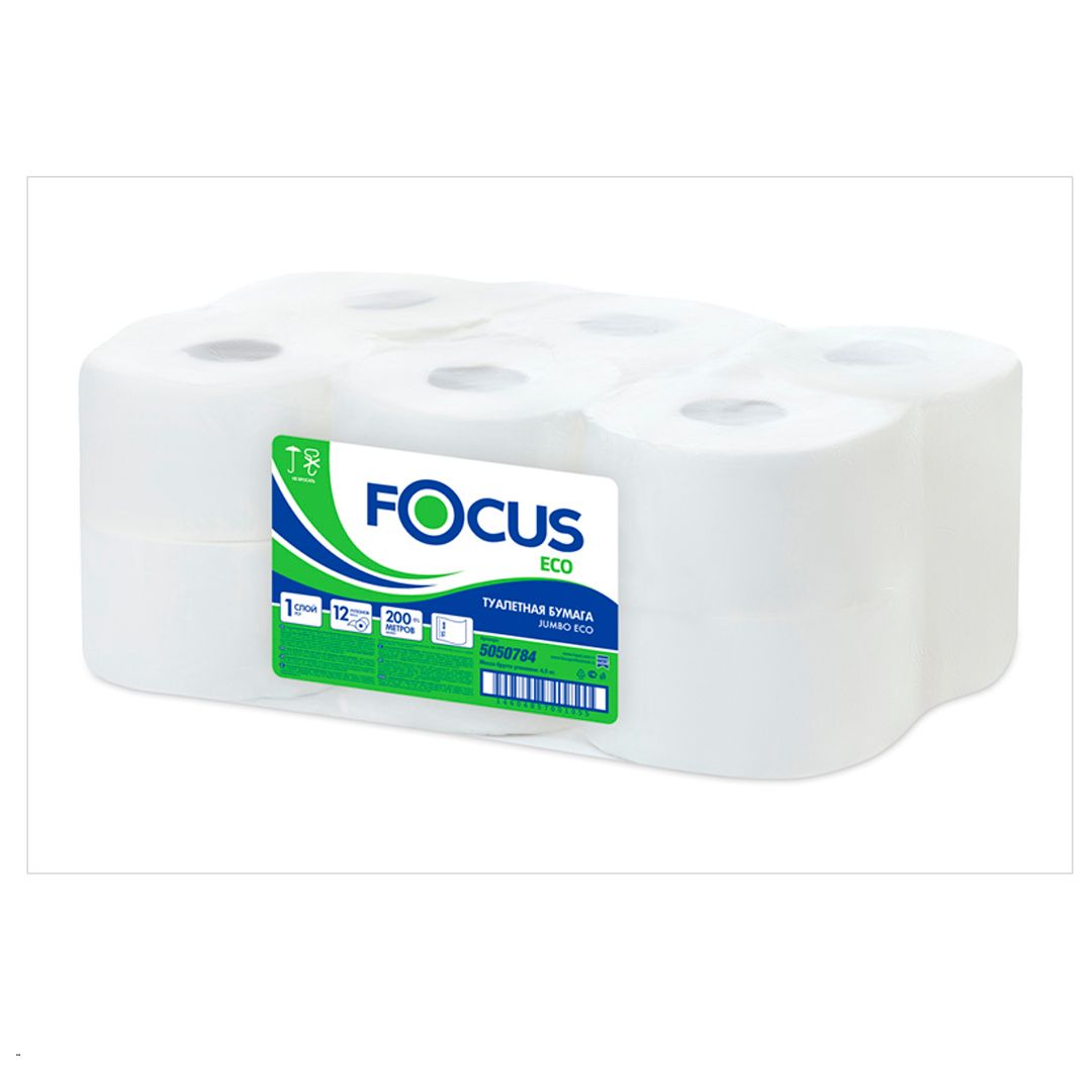 Туалетная бумага рулонная Focus Eco Jumbo, 200 метров, 1-слойная, размер листа 9,5*12 см, белая / Бумага туалетная профессиональная №4