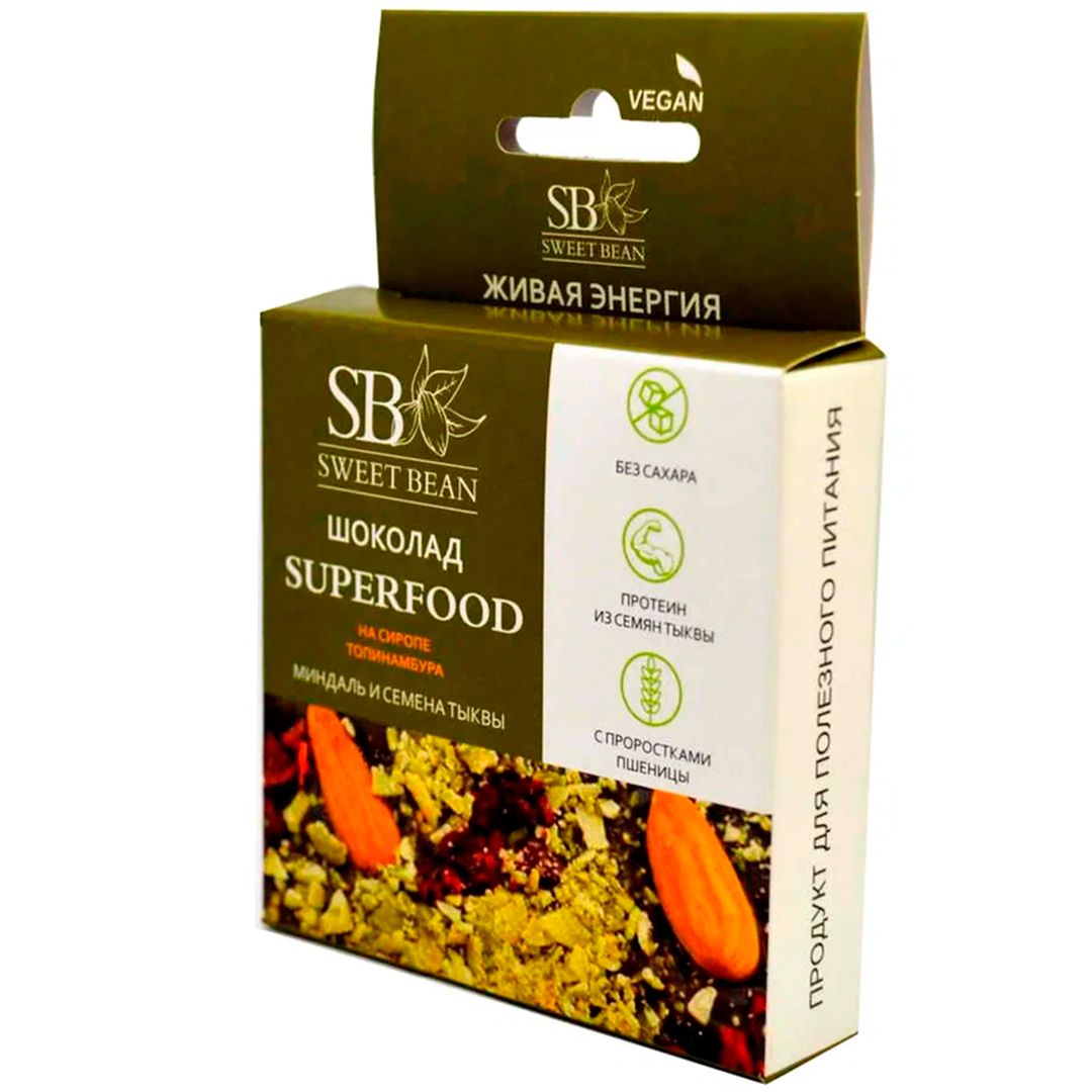 Шоколад Superfood "Sweet Bean", миндаль и семена тыквы, на сиропе топинамбура, без сахара, 45 гр / Шоколад №2