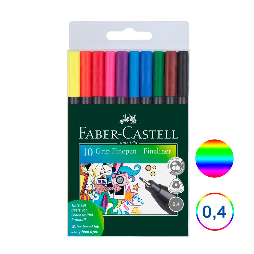 Ручка капиллярная Faber-Castell, 0.4 мм, 10 цветов, трехранная форма, антискользящая зона / Ручки капиллярные