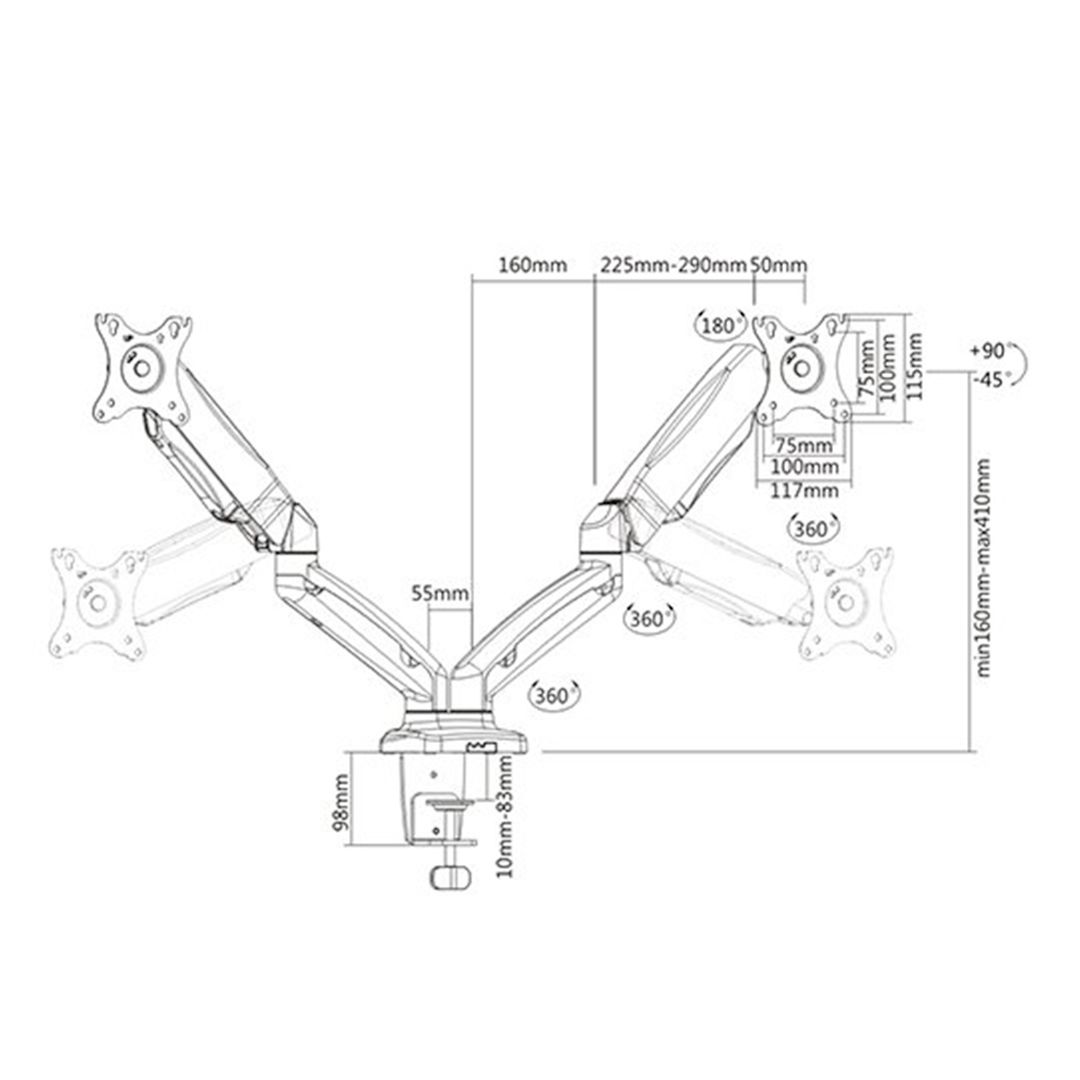 Крепление для 2-х мониторов настольное с газлифтом Brateck LDT13-C024, диагональ экрана 13"-27" / Кронштейны №2 oe.kz Крепление для 2-х мониторов настольное с газлифтом Brateck LDT13-C024, диагональ экрана 13"-27" / Кронштейны №2