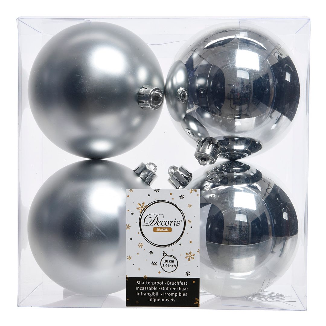 Набор пластиковых шаров, 100 мм, серебристый, глянцевый/матовый, 4 шт/упак. / Елочные украшения