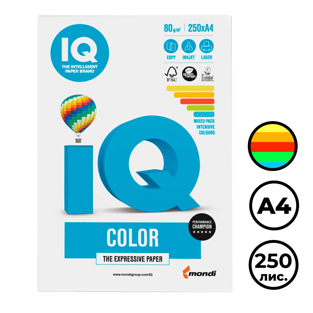 Бумага IQ Color Intensive Mixed Packs, А4, 80 г/м2, 250 листов, 5 цветов / Бумага цветная