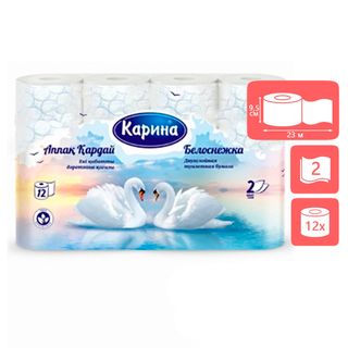 Орамадағы дәретхана қағазы Карина "Белоснежка. Аққулар", 2 қабатты, 12 орам / Тұрмыстық дәретхана қағаздары