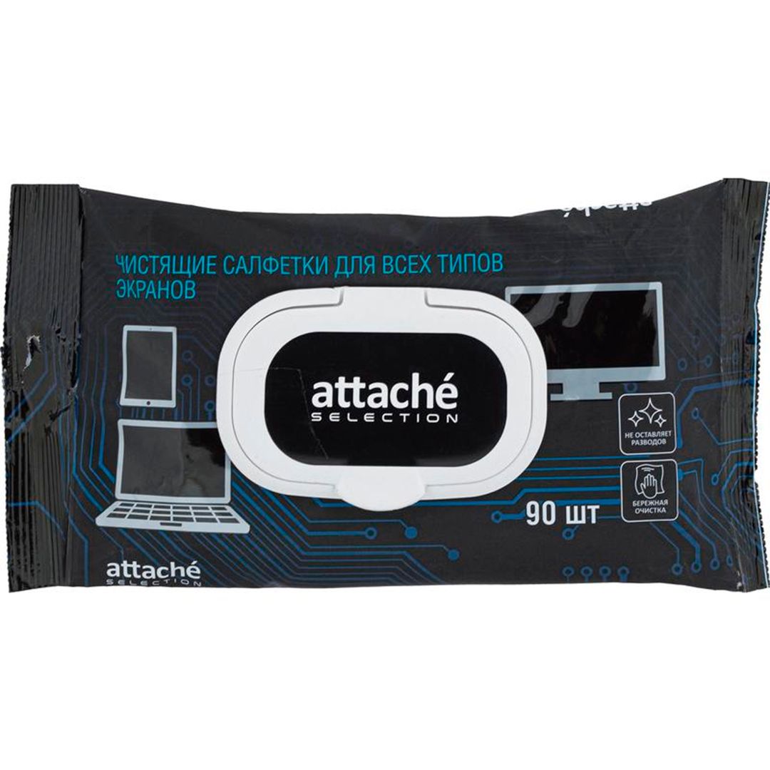 Салфетки влажные для чистки экранов Attache Selection, с клапаном, 90 шт/упак / Салфетки в тубе