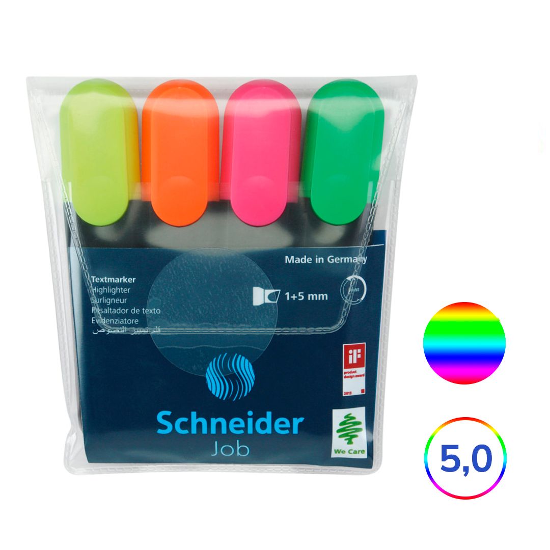 Набор текстмаркеров Schneider "Job", скошенный наконечник 1-5 мм, 4 цвета / Текстовыделители