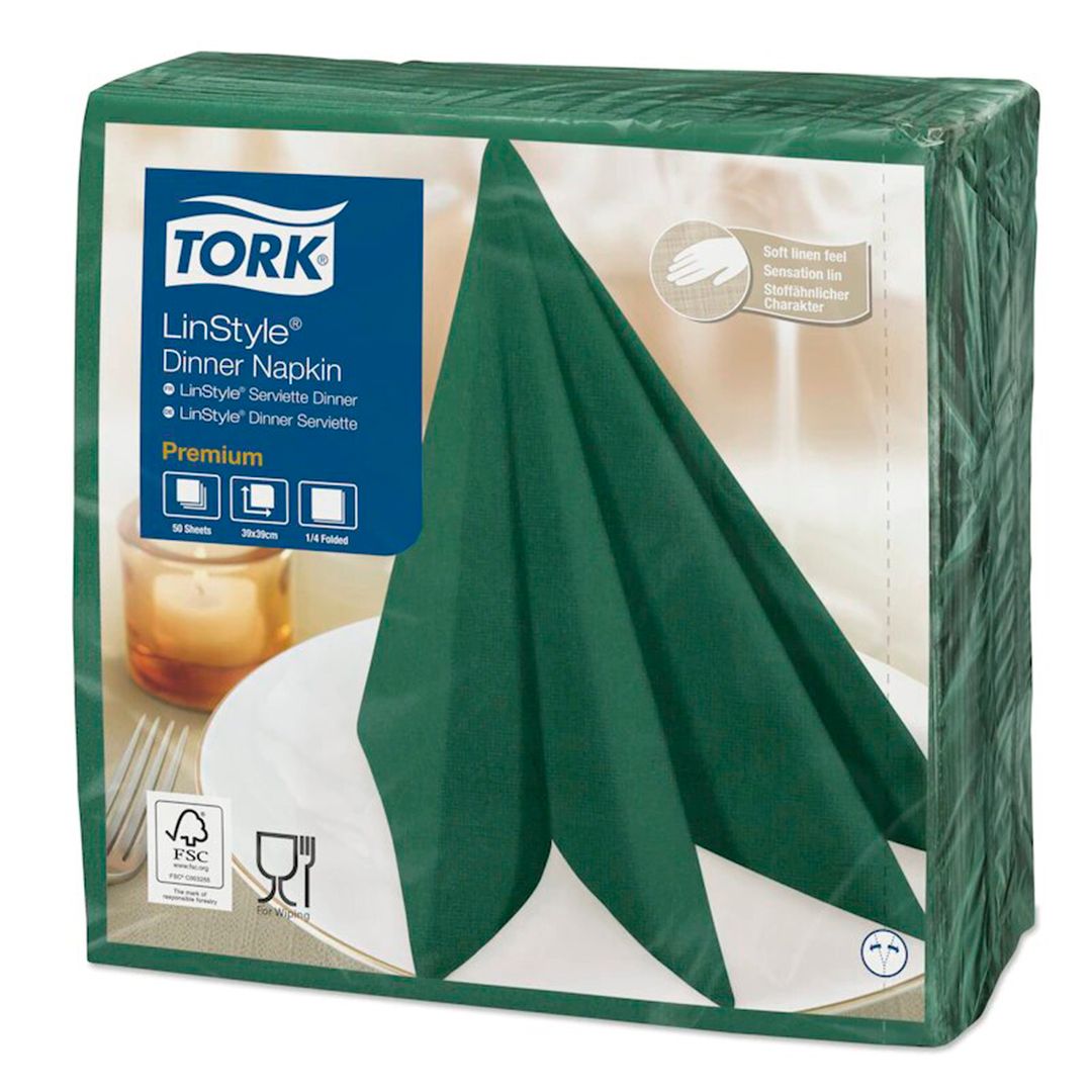 Салфетки Tork Premium Linstyle, 1-слойные, 50 шт., размер листа 39*39 см, зеленые, горная сосна