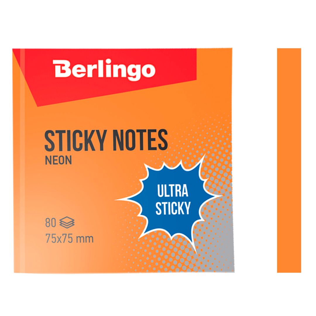 Блок самоклеящийся 75*75 мм, Berlingo "Ultra Sticky" НЕОН, оранжевый, 80 листов / Блоки самоклеящиеся №3