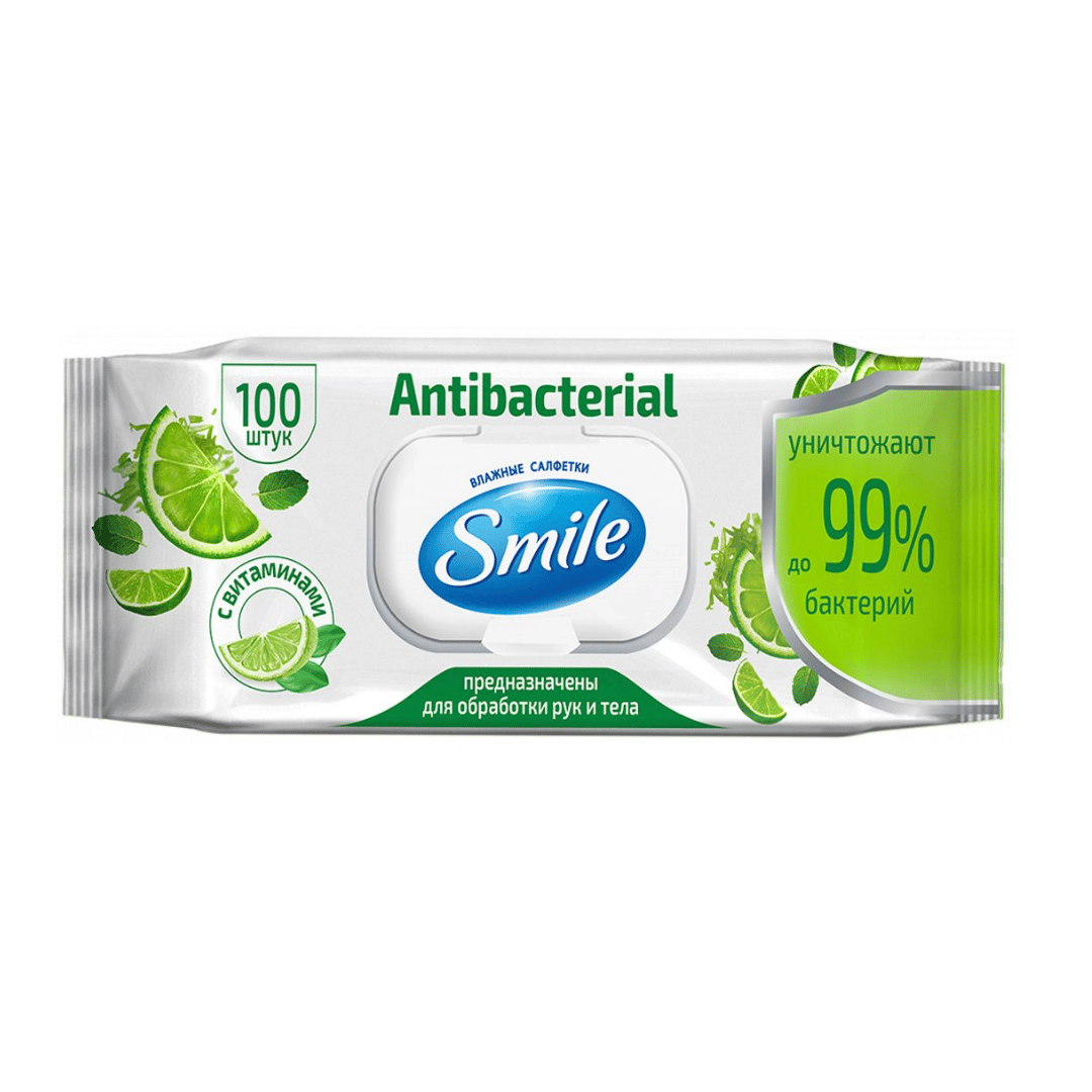 Салфетки влажные Smile "Antibacterial", с витаминами, 100 штук в упаковке / Салфетки влажные косметические