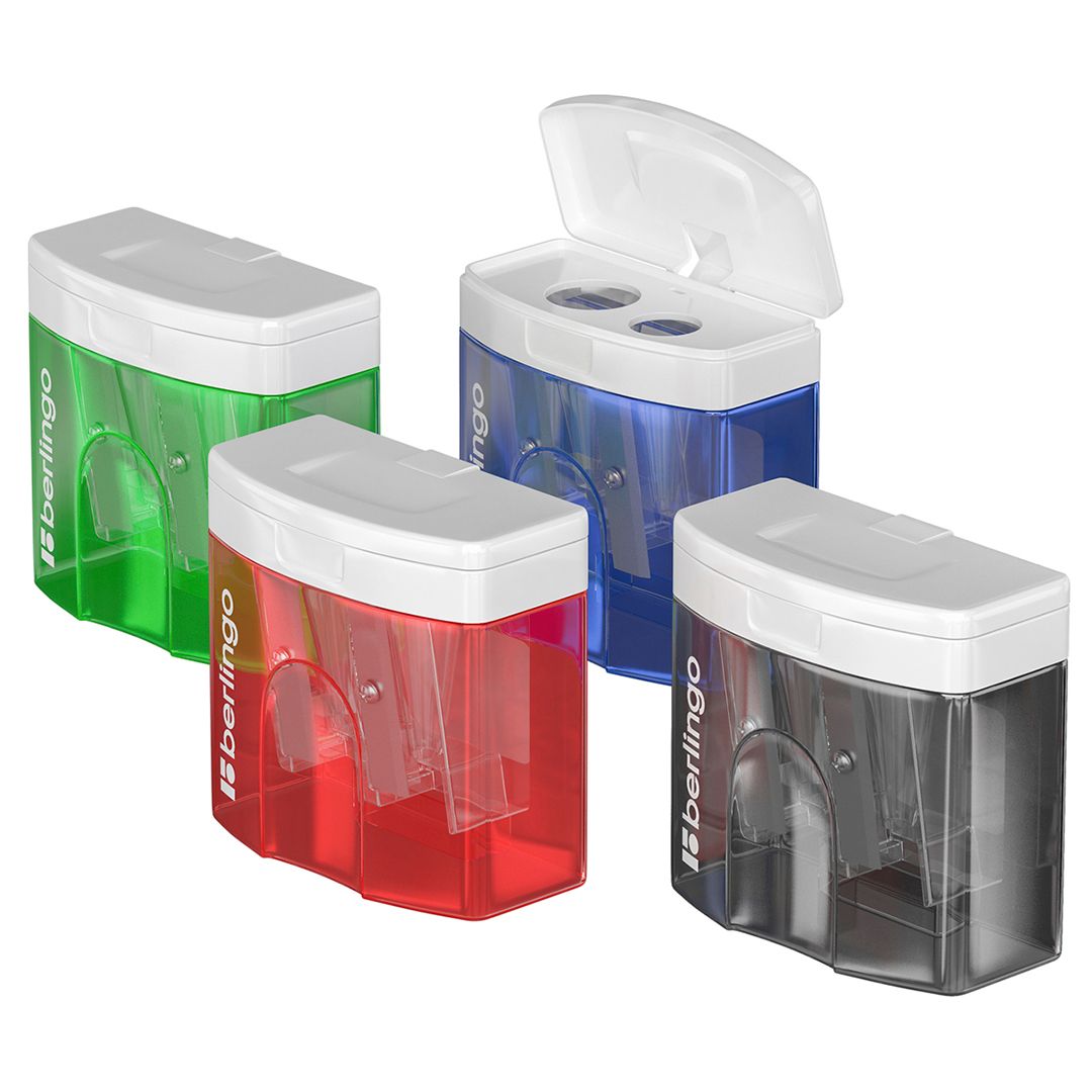 Точилка пластиковая Berlingo "Perfect XL" с контейнером, с двумя отверстиями, ассорти, цена за штуку / Точилки №2