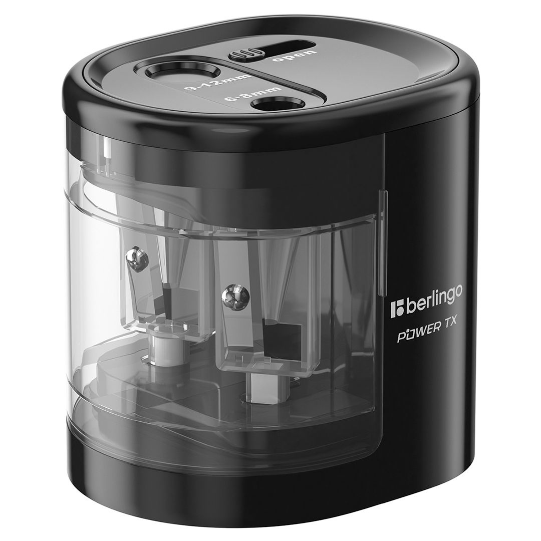 Точилка электрическая Berlingo "Power TX" с контейнером, с двумя отверстиями, черная, цена за штуку / Точилки oe.kz Точилка электрическая Berlingo "Power TX" с контейнером, с двумя отверстиями, черная, цена за штуку / Точилки