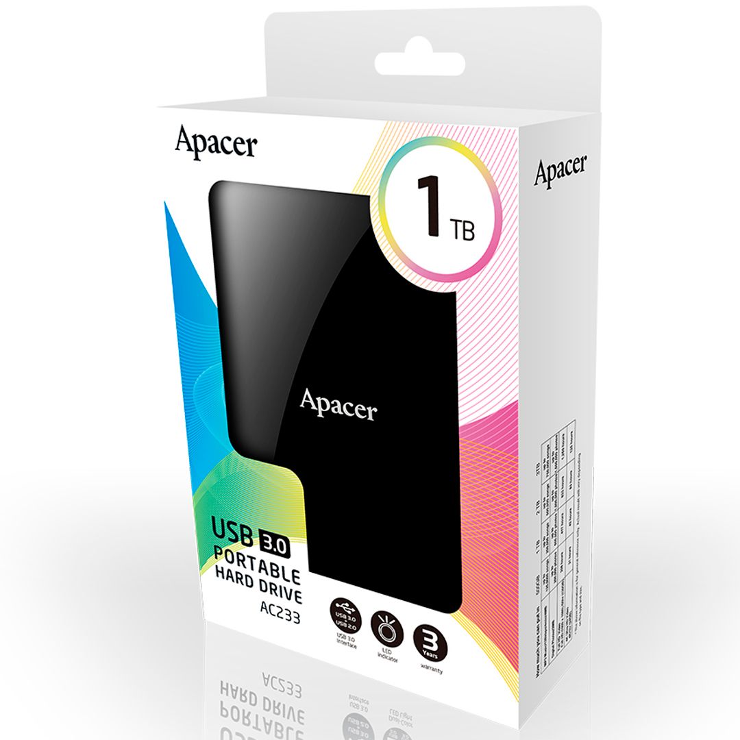 Жесткий диск 1 TB, Apacer AC233, 2,5", USB 3.1, HDD, черный
