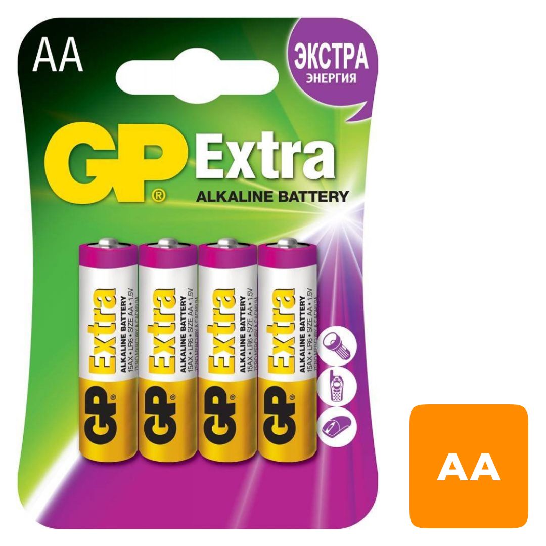 Батареялар GP Extra саусақтты АA LR6 15AX, 1.5V, алкалин, 4 дана/қапт, баға бір қаптамасы үшін