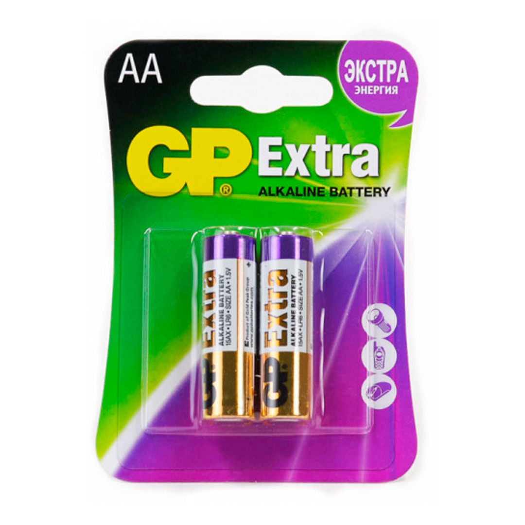 Батарейки GP Extra пальчиковые АA LR6 15AX, 1.5V, алкалиновые, 2 шт./уп, цена за упаковку / Батарейки
