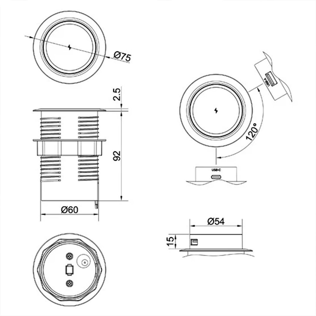 Беспроводная зарядка Shelbi S-WC-2S-B, USB, Type-C для установки в стол, чёрный / Сетевые фильтры №5