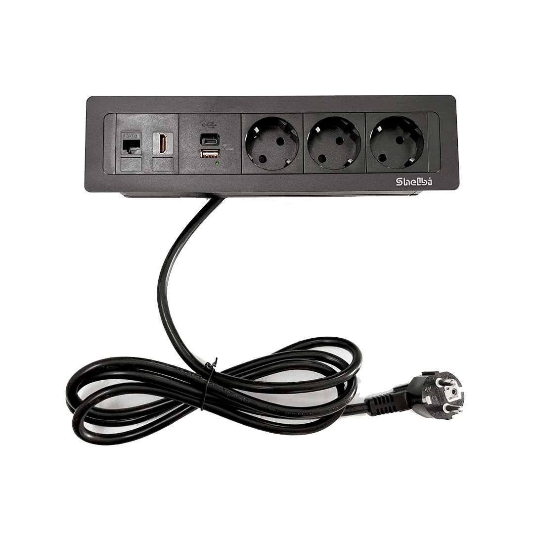 Настольный встраиваемый блок Shelbi SDO-MULT10-B, 3 розетки 200B, USB, Type-C, RJ45, HDMI, чёрный / Сетевые фильтры