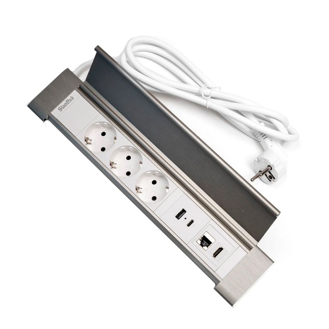 Настольный блок с крышкой Shelbi SDO3-MULT10-S, 3 розетки 200B, 1 USB, 1 Type-C, RJ45, HDMI, серебро