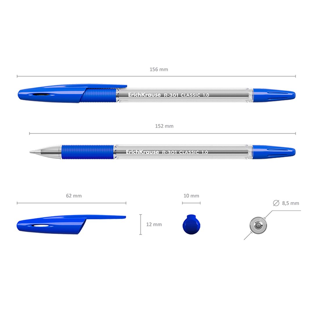 Ручка шариковая Erich Krause "R-301" Classic Stick, 1 мм, с грипом, синяя, цена за штуку / Ручки шариковые неавтоматические №3