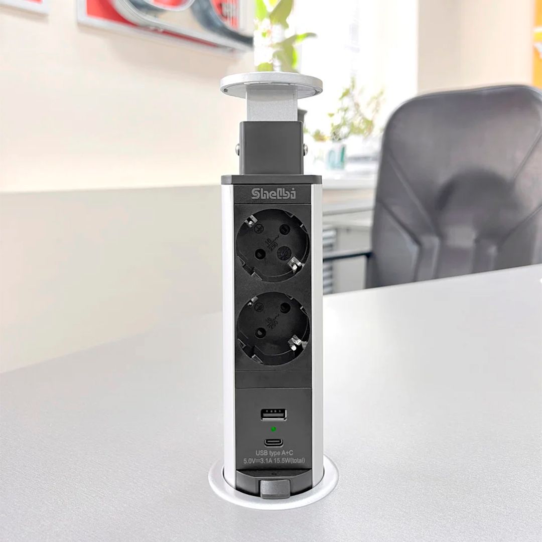 Выдвижной настольный розеточный блок Shelbi STV-2S-1U1C-S, 2 розетки 200B, 1 USB, 1 Type-C, серебро / Сетевые фильтры №2
