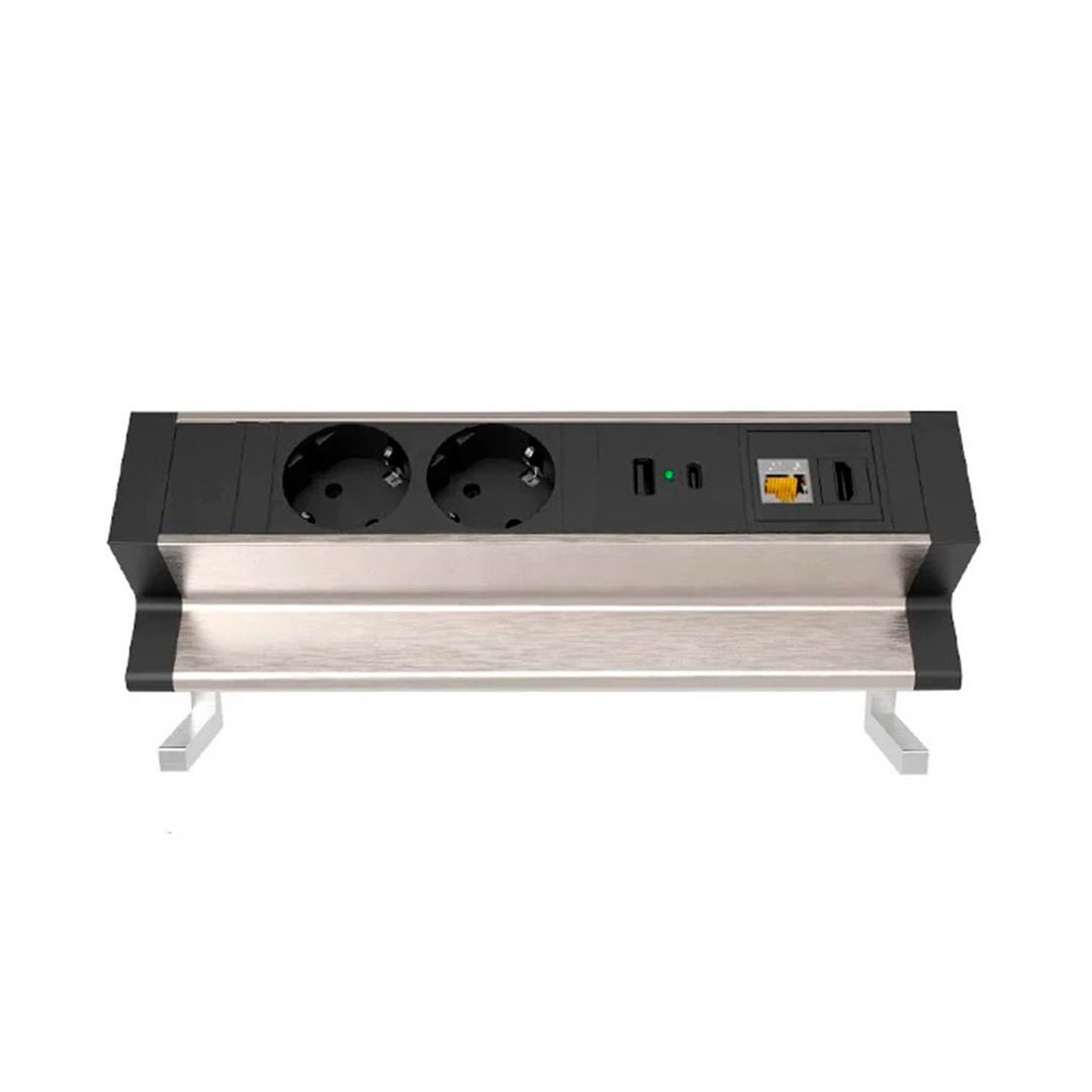 Настольный блок Shelbi STG-MULT8-SB, 2 розетки 200B, USB, Type-C, RJ45, HDMI, чёрный-серебро / Сетевые фильтры