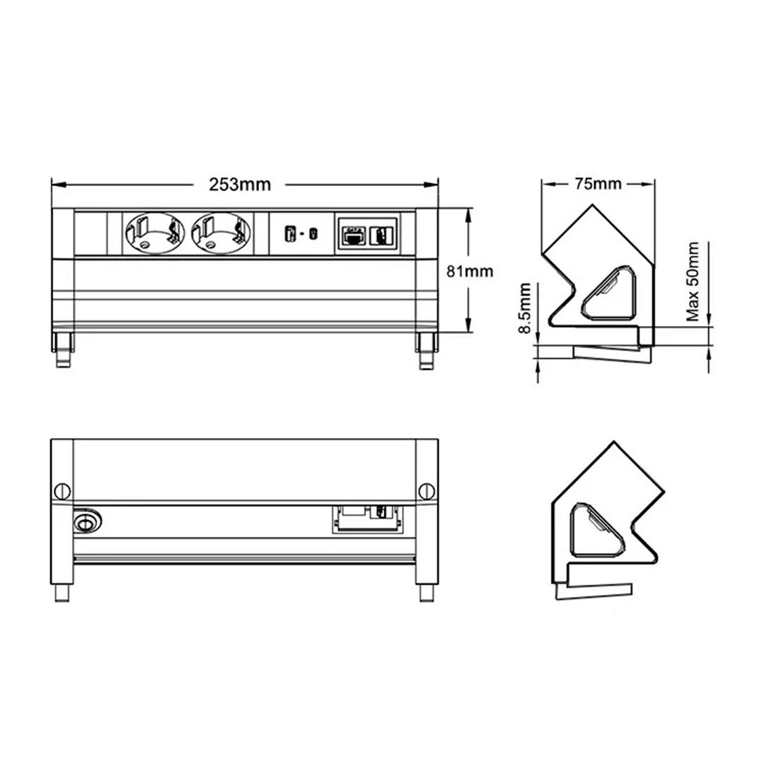 Настольный блок Shelbi STG-MULT8-SB, 2 розетки 200B, USB, Type-C, RJ45, HDMI, чёрный-серебро / Сетевые фильтры №4
