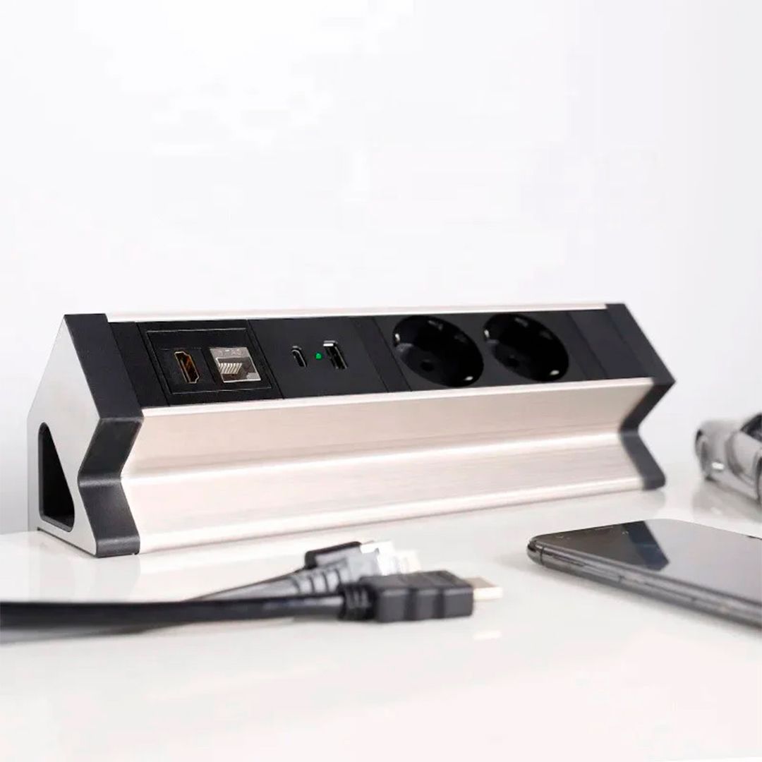 Настольный блок Shelbi STG-MULT8-SB, 2 розетки 200B, USB, Type-C, RJ45, HDMI, чёрный-серебро / Сетевые фильтры №2