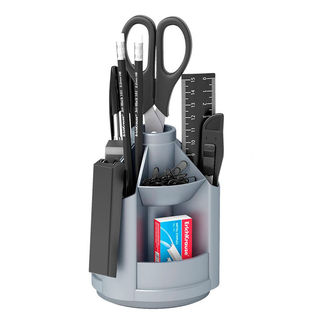 Настольный органайзер Erich Krause "Mini Desk", 10 предметов, вращающийся, серый / Подставка с наполнением