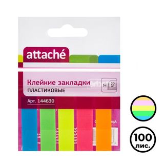Закладки самоклеящиеся Attache, пластиковые, 45*12 мм, 5 неоновых цветов, 100 листов / Закладки самоклеящиеся
