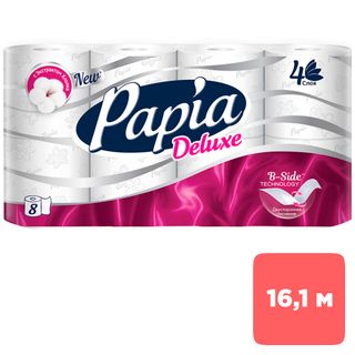 Орамадағы дәретхана қағазы Papia "Deluxe", 16,1 метр, 4 қабатты, 8 орам / Тұрмыстық дәретхана қағаздары