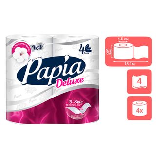 Орамадағы дәретхана қағазы Papia "Deluxe", 16,1 метр, 4 қабатты, 4 орам / Тұрмыстық дәретхана қағаздары