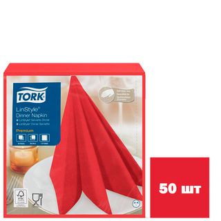 Салфетки Tork "Premium Linstyle", 1-слойные, 50 шт., размер листа 39*39 см, красные / Салфетки бумажные