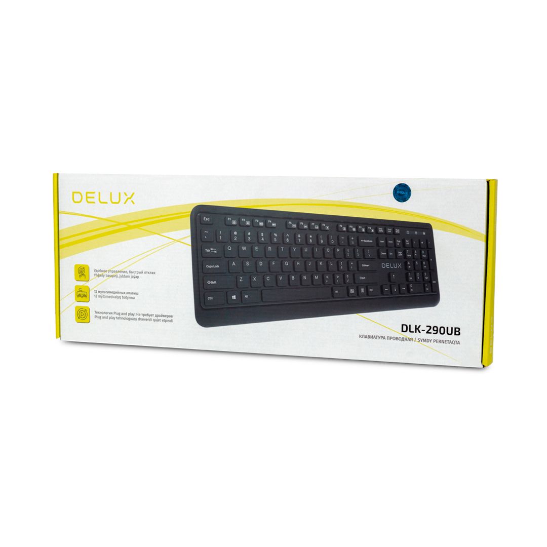 Сымды пернетақта Delux DLK-290UB, USB, ENG/RUS/KAZ, 18 мультимедиалық пернелер, қара