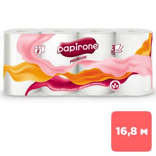 Орамадағы дәретхана қағазы Papirone, 16,8 метр, 3 қабатты, 8 орам, ақ / Тұрмыстық дәретхана қағаздары