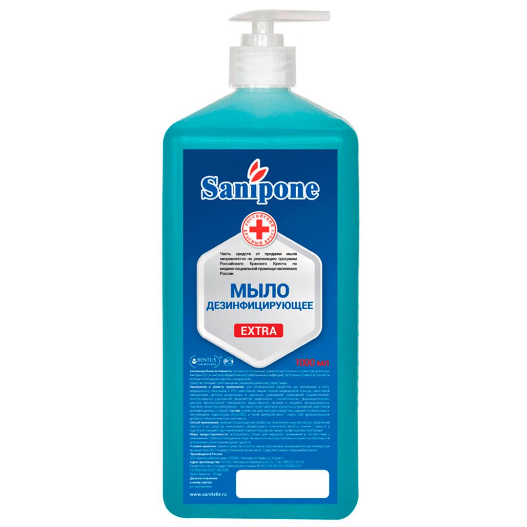 Мыло антисептическое дезинфицирующее Sanipone "Extra", с дозатором, 1 л / Средства для рук oe.kz Мыло антисептическое дезинфицирующее Sanipone "Extra", с дозатором, 1 л / Средства для рук